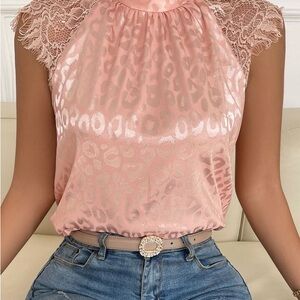 Leopard Jacquard Contrast Eyelash Lace Tie Back Satin Pink Blouse Women's Top XL